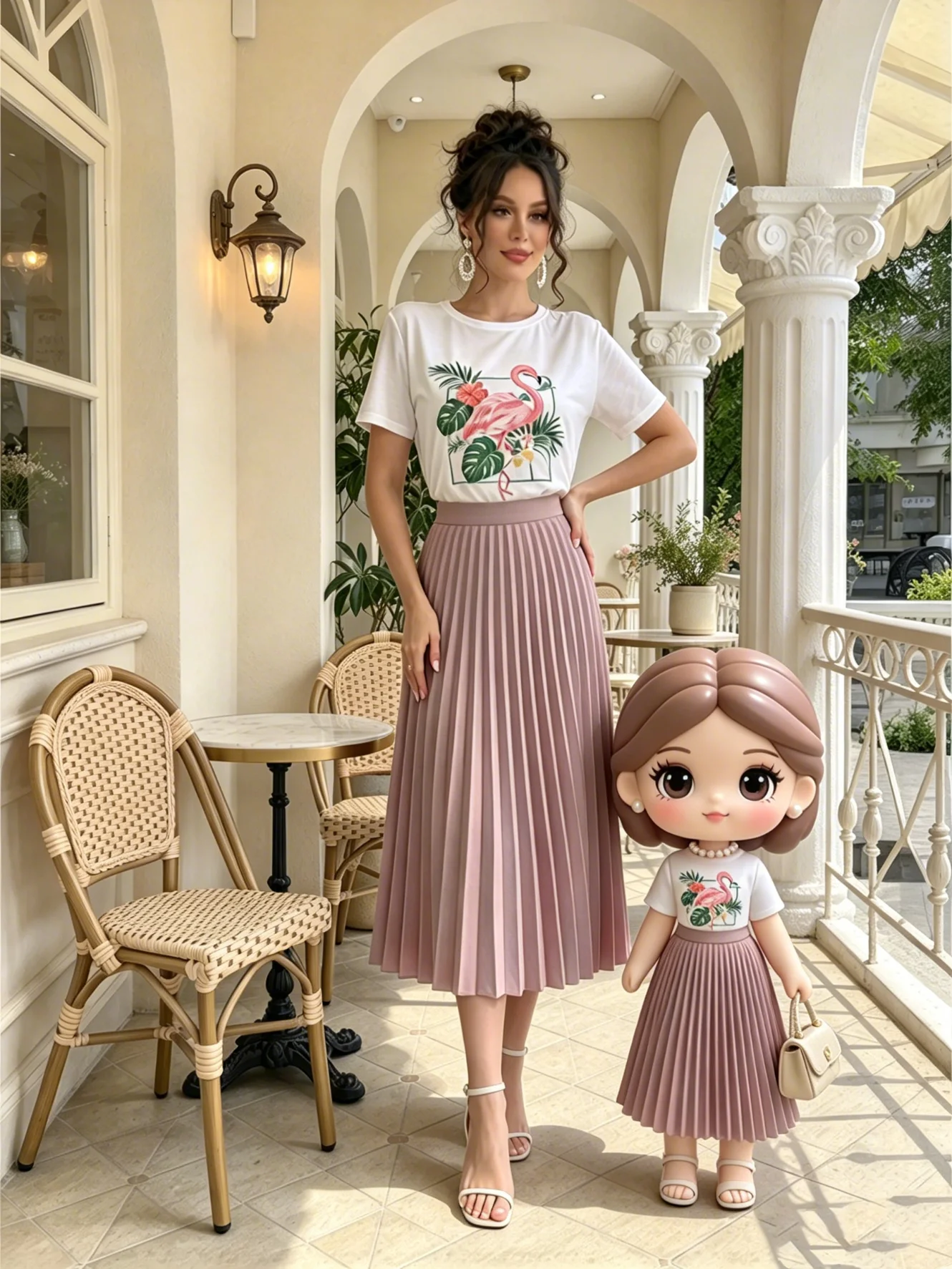 Women's Animal Print Casual round Neck Short Sleeve T-Shirt Top with Elastic Waist Pleated Skirt Half Skirt Set