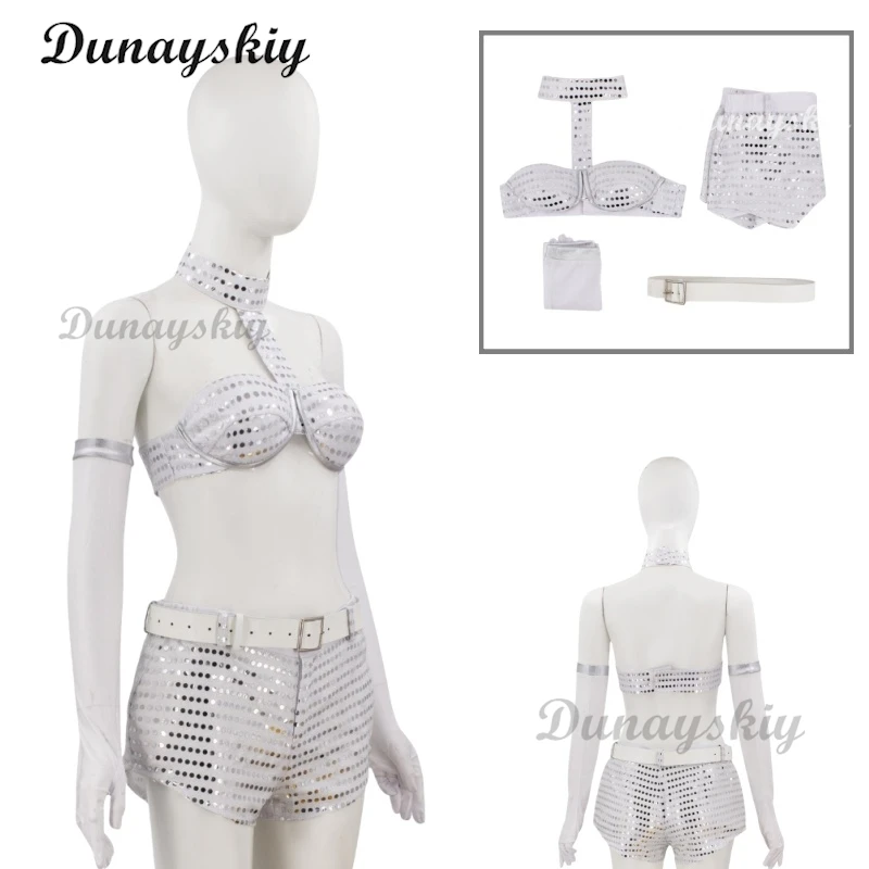 Movie Austin Powers Cosplay Woman Robot Costume Sexy Sliver Top Bra Shorts Suit Stage Performance Outfit Halloween Customized