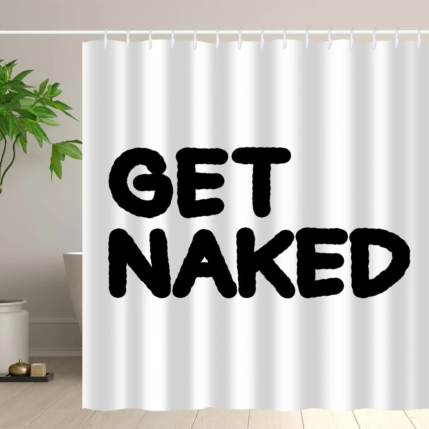 

Забавная шторка для душа с надписью «GET NAKED», смелый черный текст на белом фоне, юмористический декор для ванной, водонепроницаемый дизайн, современный аксессуар для ванной комнаты