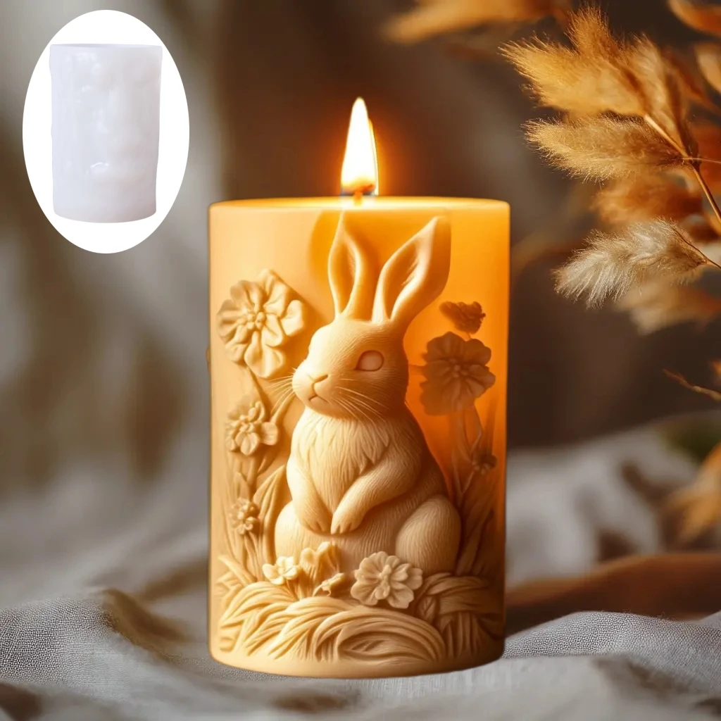 Cute Rabbit Relief Cylinder Candle Silicone Mold Vertical Ear Rabbit Flower Resin Mould Easter Rabbit Relief Crafts Gypsum Molds