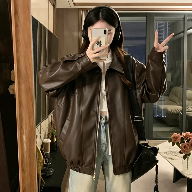 Vintage Pu Leather Jacket Women Autumn Streetwear Loose Casual Zipper Coats Fall Long Sleeve Y2K Hottie American Retro Outwear