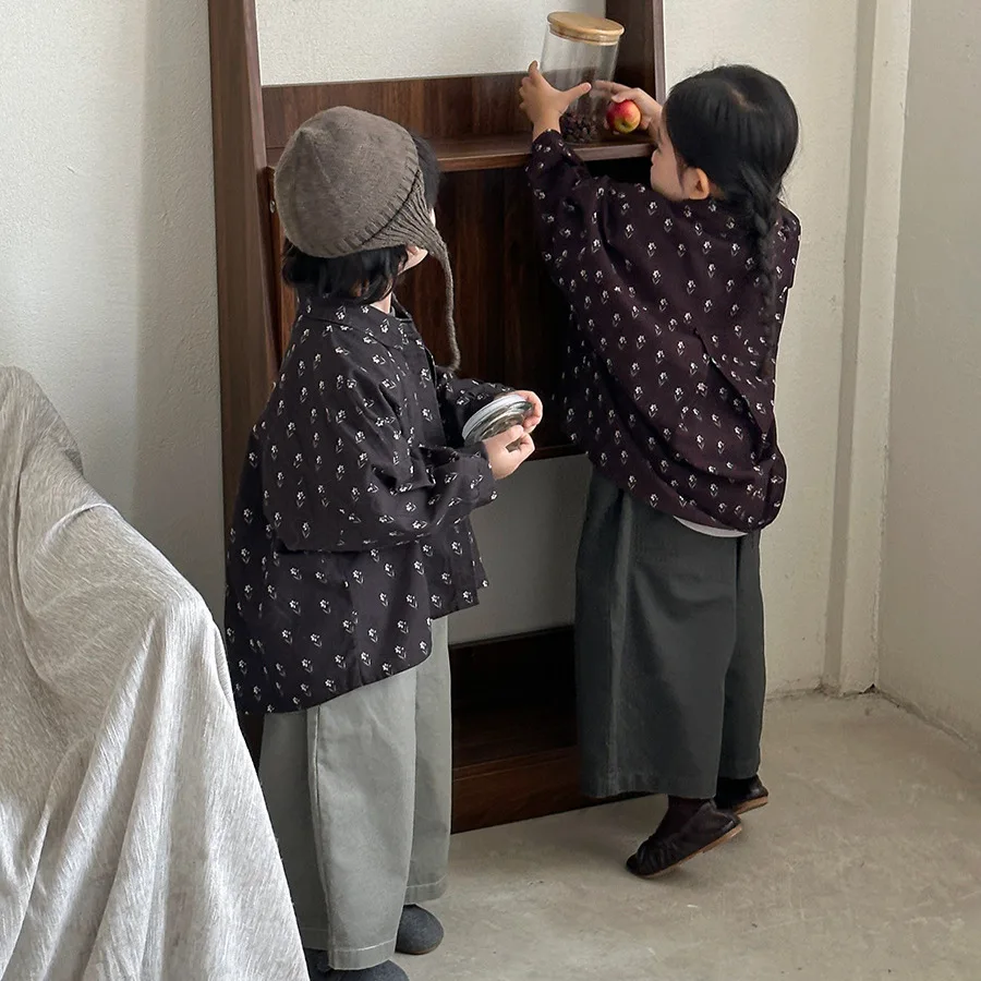 خريف 2025 قميص أطفال بأكمام طويلة مطبوع عليه زهور للجنسين بلوزة كلاسيكية بأزرار للبنين والبنات معطف للأطفال من سن 1 إلى 8 سنوات #3