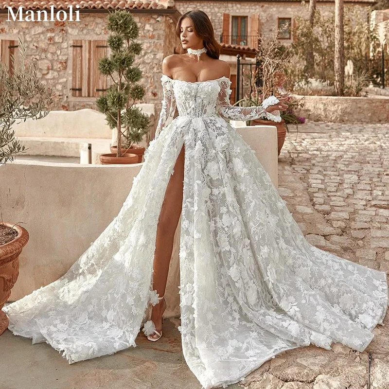 Elegant 3D Flower Wedding Dress Off Shoulder Long Sleeve Split A-line Princess Wedding Ball Dress Customization