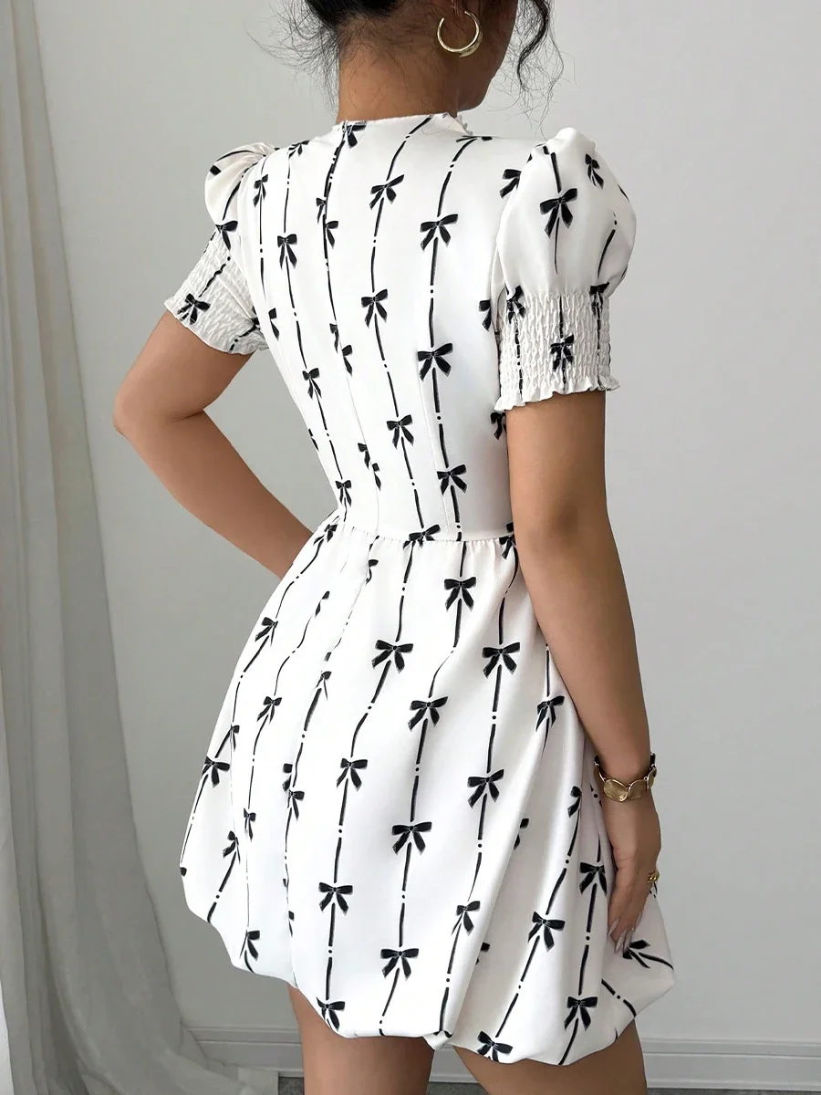Pop Summer European And American Woven Drawstring Dress With Short Sleeves And Waist Cinching Mid Length Skirt