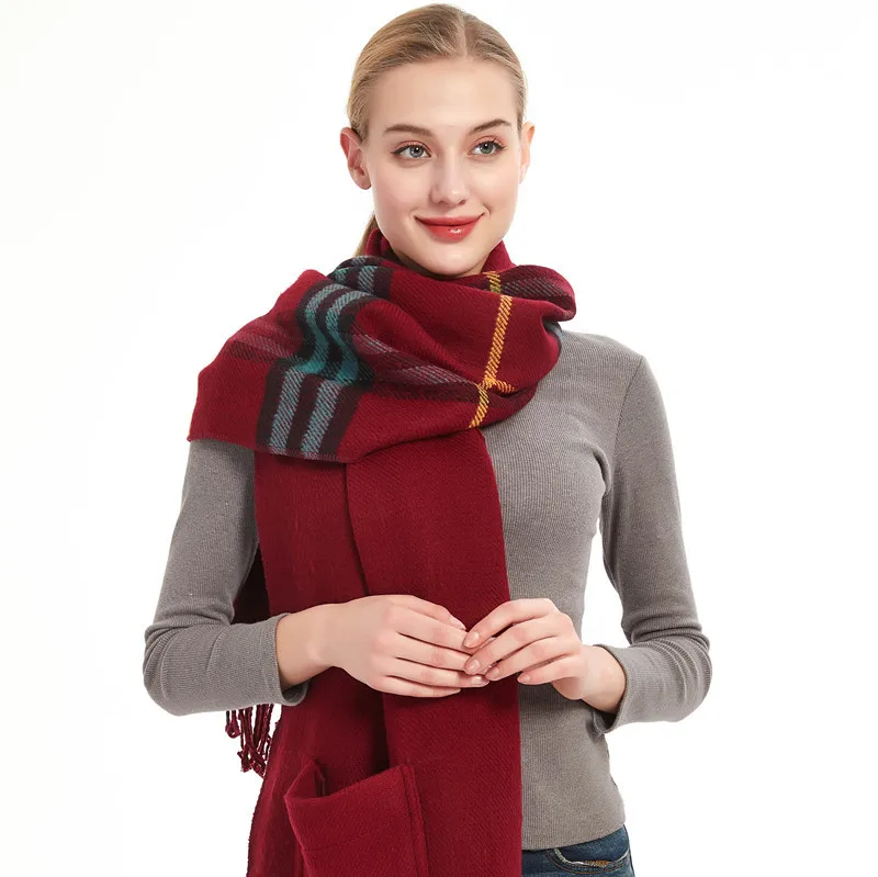 Thick Cashmere Blend Pashmina with Pocket Women Warm Winter Scarves Shawl Wrap Femme Bufanda Muffler Burgundy Plaid Echarpes