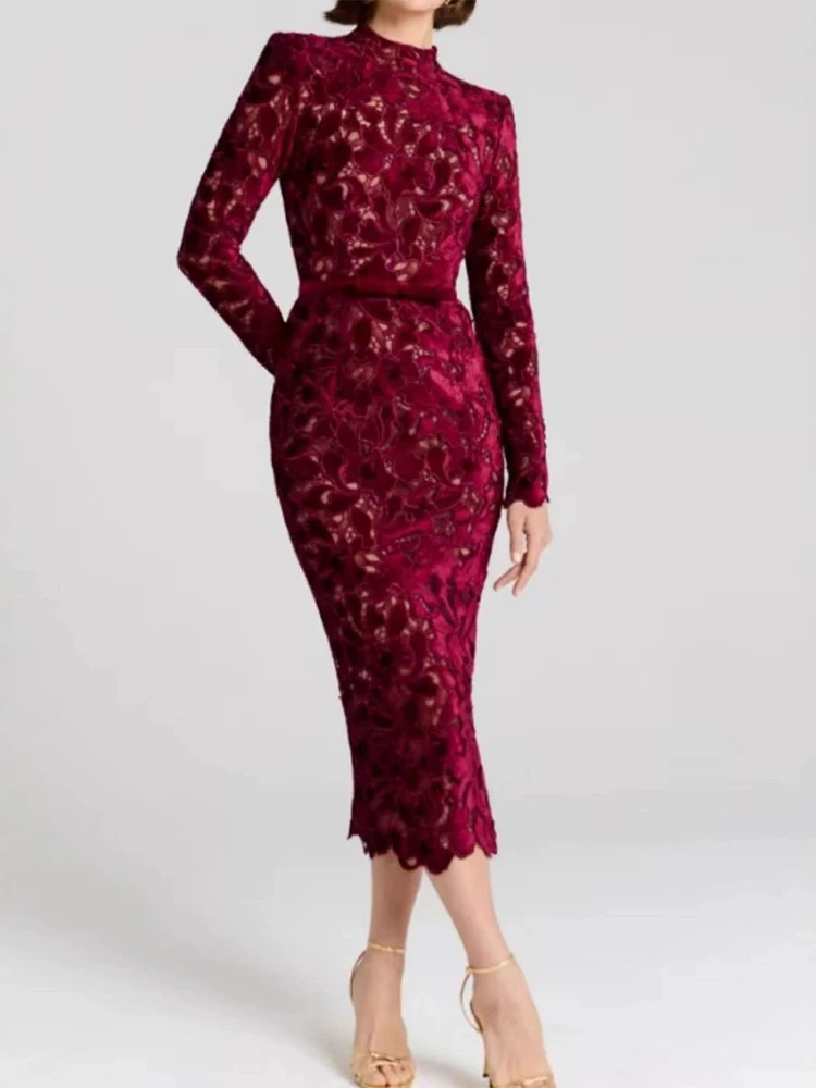 

Ladies O-neck Long Sleeved Slim Fit Party Dress Elegant High Waisted Lace Maxi Dress Fashion Jacquard Wrap Hip A-line Dresses