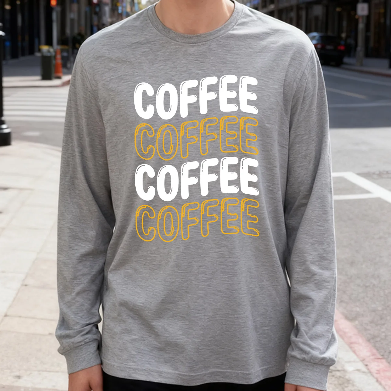 Four Coffee Men's Long Sleeve T-Shirt 180g 100% Cotton Printed Crew Neck Casual Daily Wear Soft and Breathable