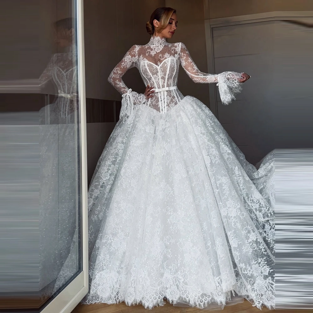 

White Lace Long Bridal Ball Gown Elegant High Neck Lace Appliques Wedding Dress Mesh Floral Party Evening Prom Dresses