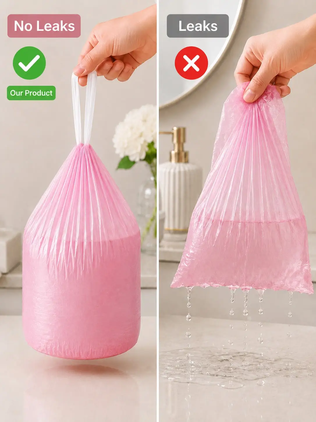 400 Pcs Pink Drawstring Trash Bags – Heavy Duty Leakproof Garbage Bags, 4–5 Gallon, 17.7 X 17.7 In Small Capacity Strong Durable Liners For Bathroom, Kitchen & Home Daily Use