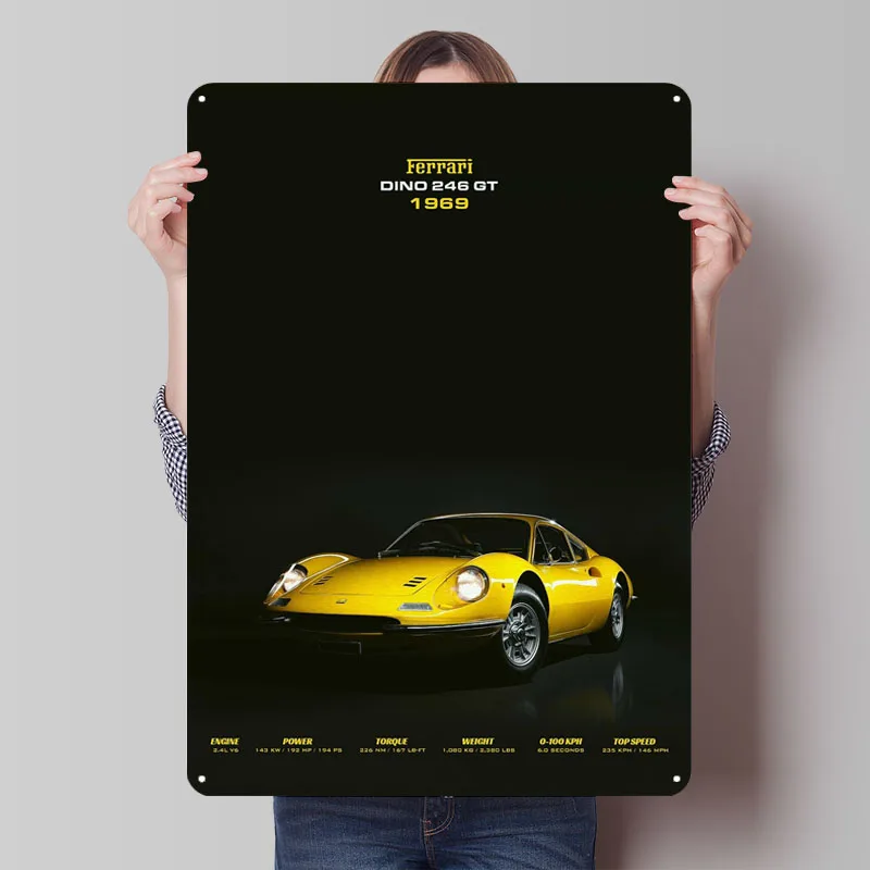 فيراري دينو 246 GT 1969 علامات معدنية ملصق سيارة ديكور غرفة جمالية للرجال علامة صفيح مخصصة لتزيين جدران الفن رجل كهف #1