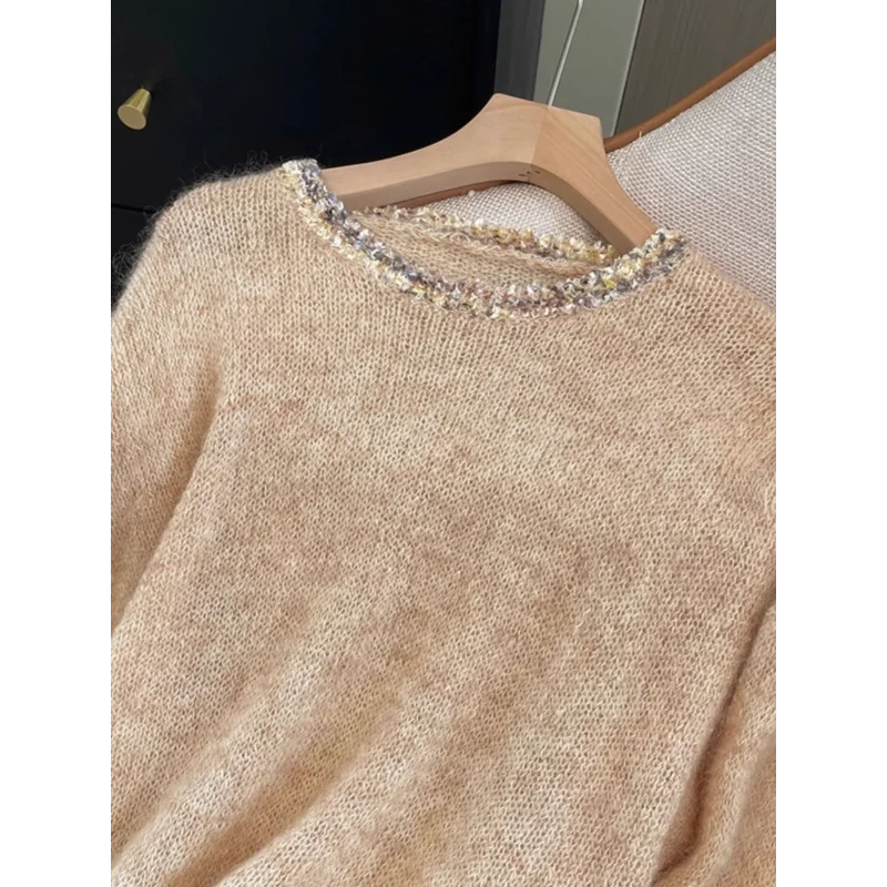 Suéter de malha coreano solto casual patchwork de manga comprida com um senso de design de suéter temperamento combinado para agasalhos