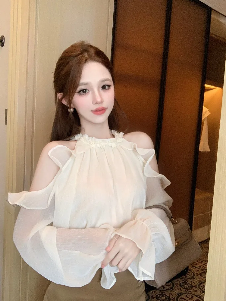 

Korean Gentle Style Long Sleeve Shoulder Bared Floral Neck Hanging Shirt Women's Loose Fit Fashionable Autumn Top