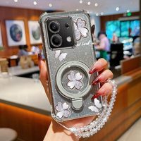 Crystal Strap Lanyard Glitter Silver clover Phone Holder Case For Xiaomi Redmi Note 13 12 Pro Plus Redmi 12 13 12C 13C 4G 5G