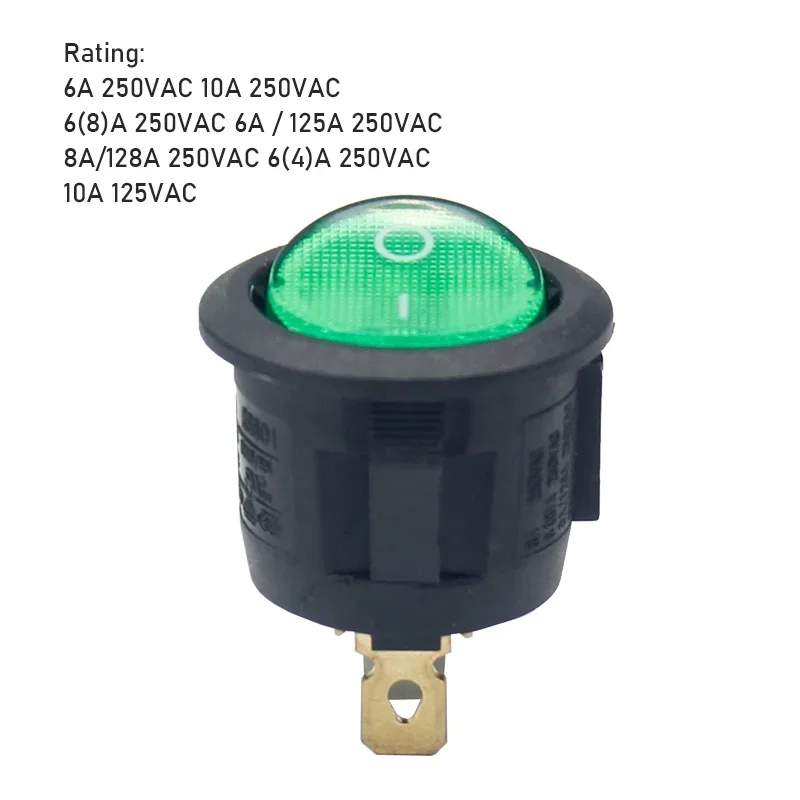 250V 6A SPST ON-OFF Green Light Snap In Rocker Switches LECI RS601