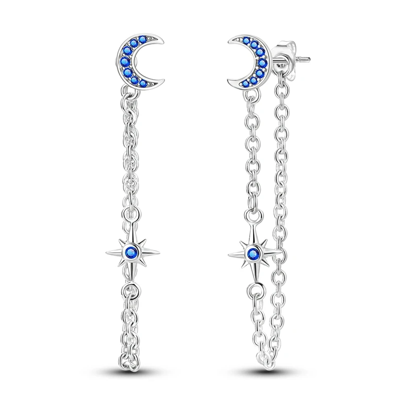 

925 Sterling Silver Earrings Women Sparkling Stars Moon Tassel Stud Earring For Anniversary Wedding Jewelry Gifts