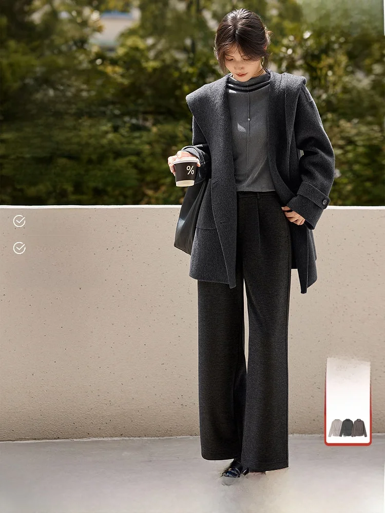 

Свободные прямые шерстяные брюки с высокой талией, женские повседневные брюки, осень-зима, новинка, маленький размер XWI Ele Pure Color