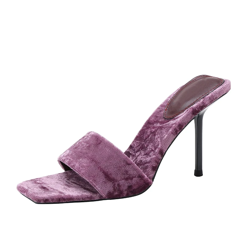 

New Summer Women's High-heeled Sandals Square Head High-heeled Slippers Purple Sexy Outer Wear Suede Open Toe Stiletto Sandals