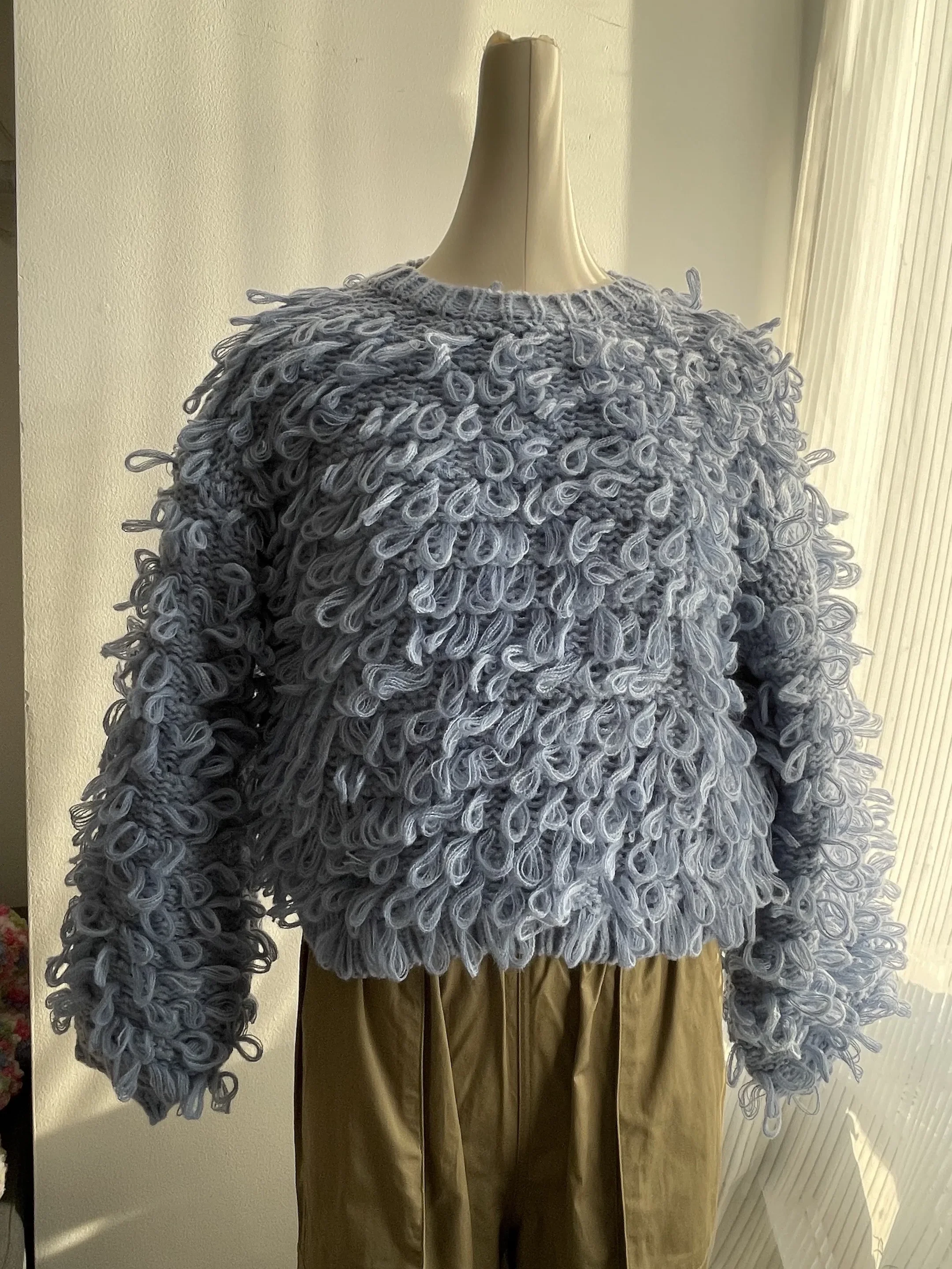 Handmade Fringed Knitted Jumper Tassels Vintage Sweater Long Sleeve Blue Pullovers Round Collar Autumn/Winter Outerwear