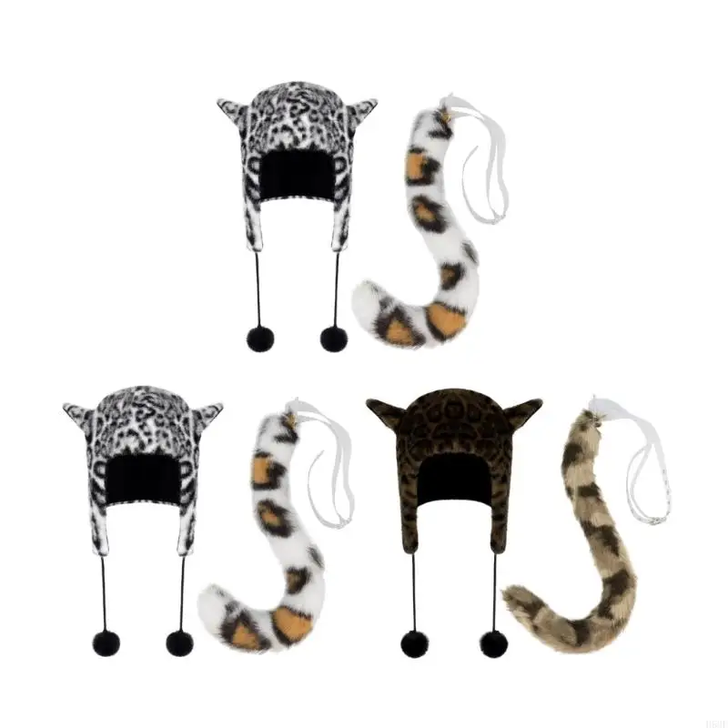 

H58E Women Warm Winter Hat Animal Ears Winter Hat and Furry Tail Plush Winter Earflaps Hat for Women Girl Halloween Cosplay