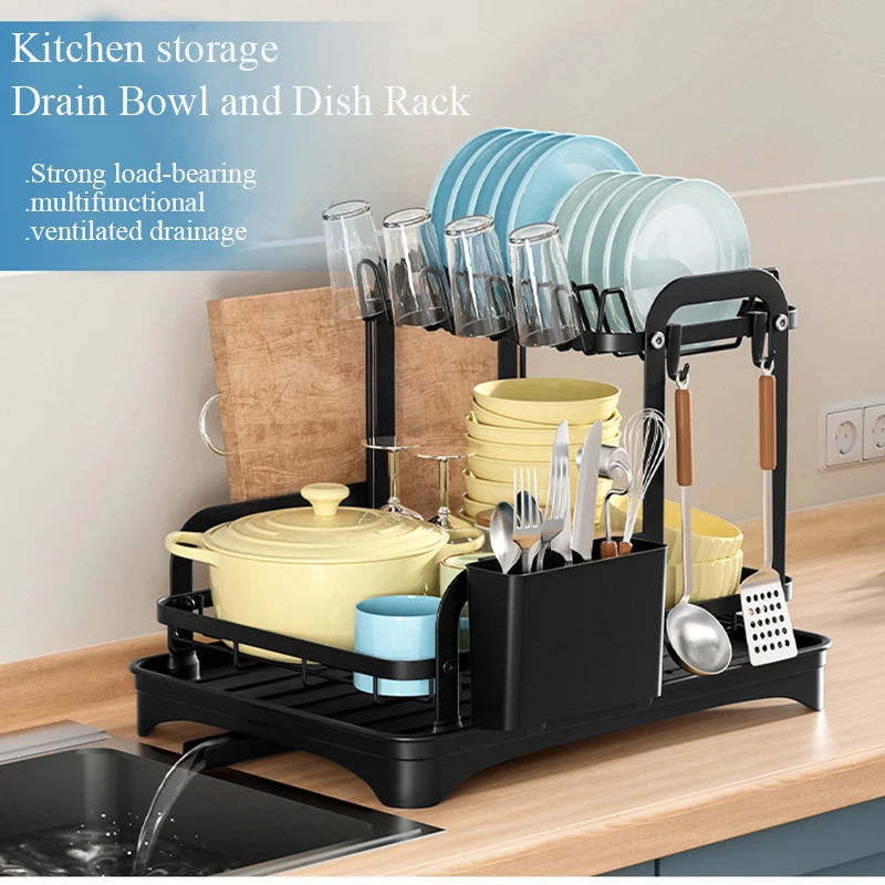 2 Tier Dish Bowl Drainer Storage Rack Kitchen Organizer with Drain Basket Countertop Dinnerware Organizer Drainboard