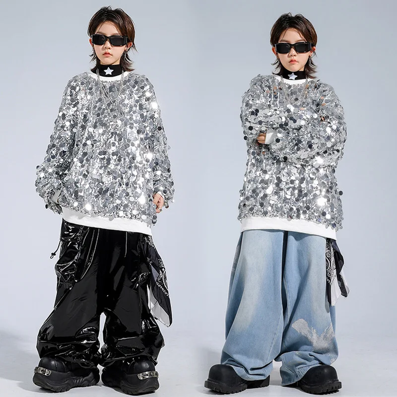 Children's Dance Costumes Boys Girls Streetwear Hip Hop Sequined Sweatshirt Cargo Baggy Pant Sets Performance Stage Clothes