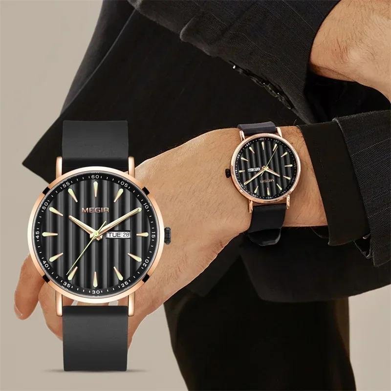 MEGIR Brand Silicone Strap Watch Men Waterproof Quartz Wristwatch Fashion Casual Striped Design Men Wristwatch Date Male Clock