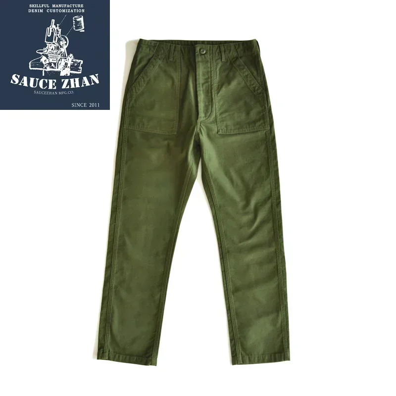 SauceZhan-pantalones militares clásicos para hombres, pantalones de satén de oliva, pantalones de panadero, satén de algodón, Ajuste Recto, fatiga,