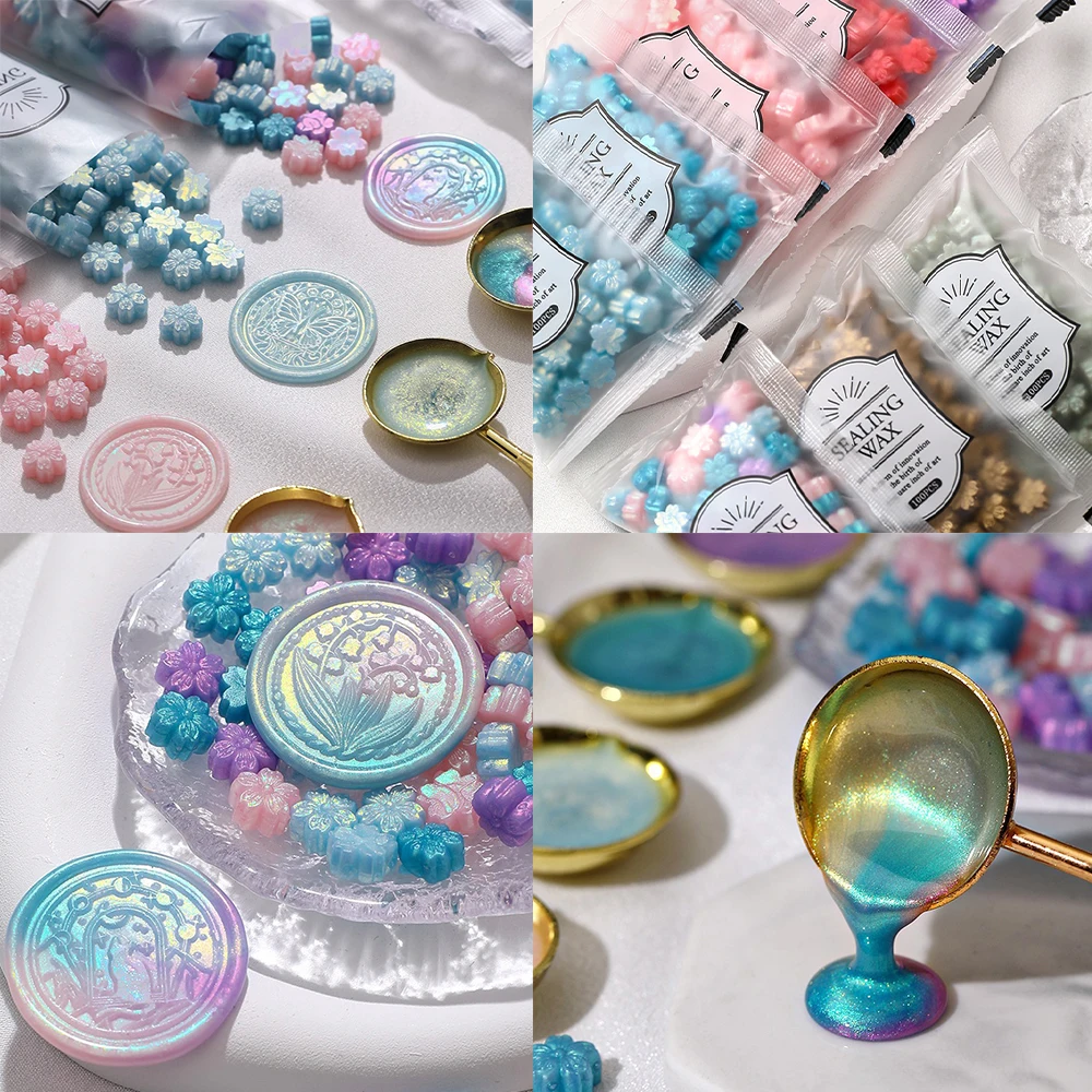 100 pièces Aurora fleur de cerisier granulés de cire de laque de feu, cire de scellage de tampon de laque de feu Aurora cire de scellage d'or polarisée