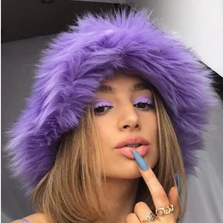 Bucket hat Purple winter new candy color faux fur Y2k warm plush basin hat Unisex Bucket hat hat hats for women