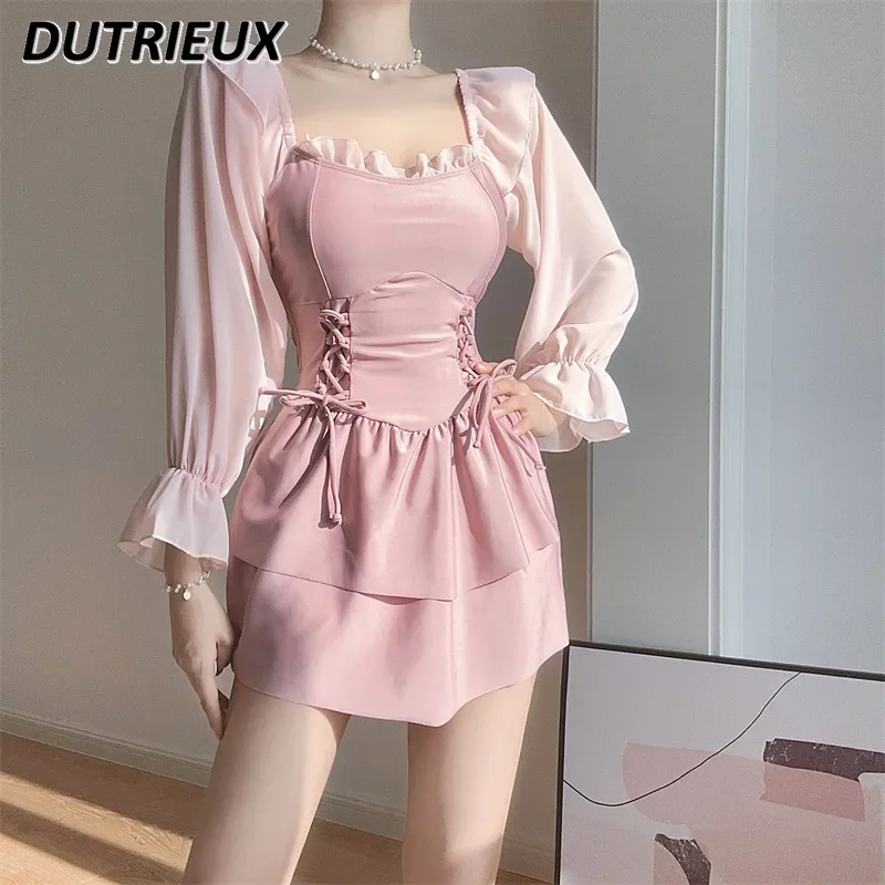 Light Luxury Sweet Girl Pink One-Piece Long Sleeves Dress Swimsuit Female Oversized Seaside Vacation Hot Spring Bathing Suit