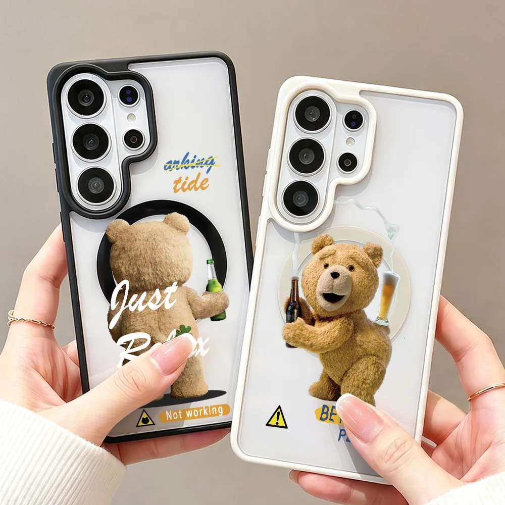 Fun Bear Beer Pattern Phone Case For Samsung Galaxy S26 S25 S24 S23 FE Plus Ultra Wireless Charge Magnetic Magsafe Cover