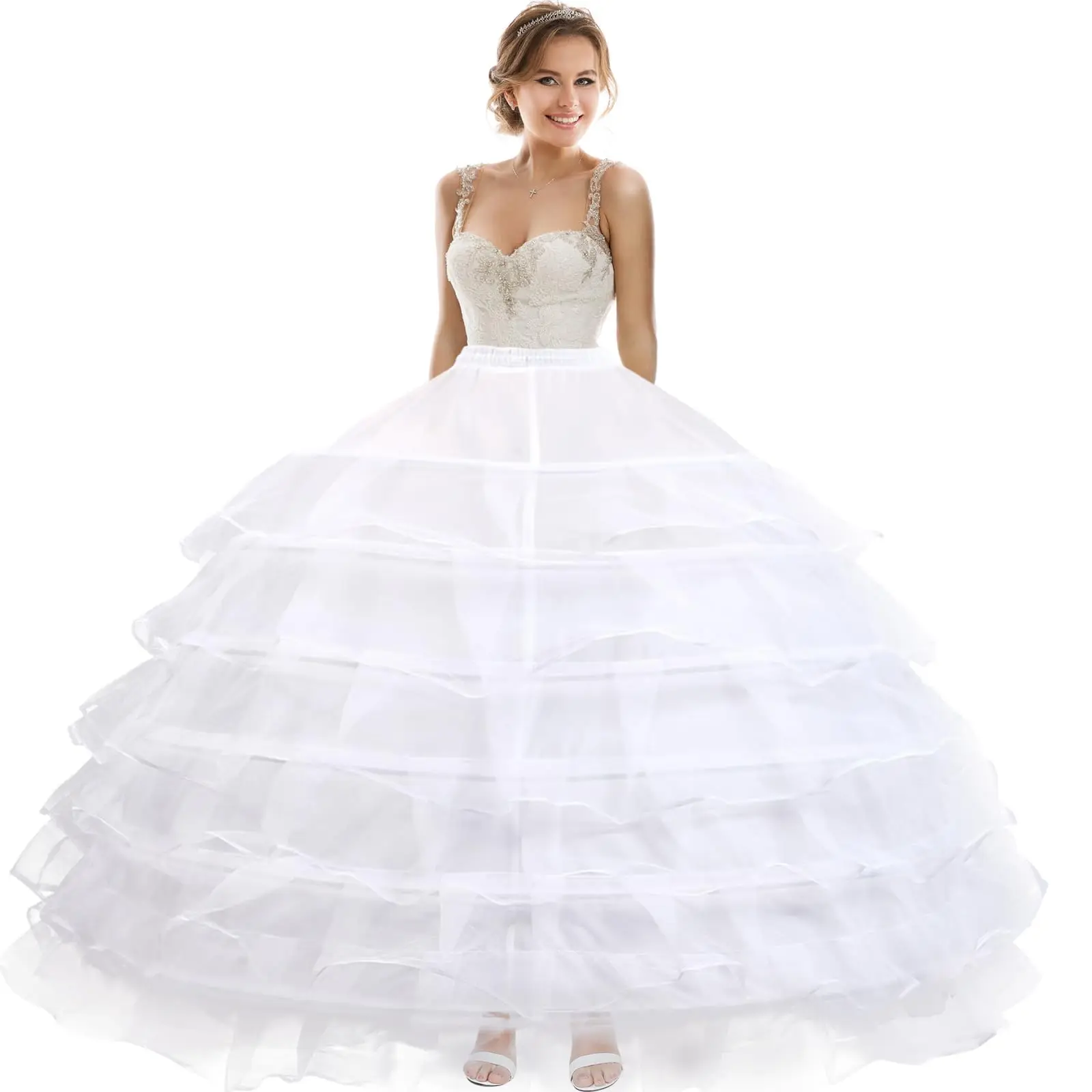 Women 6 Hoop 6 Layered Petticoat White A-line Floor-Length Crinoline Underskirt for Bridal Wedding Dress Ball Gown