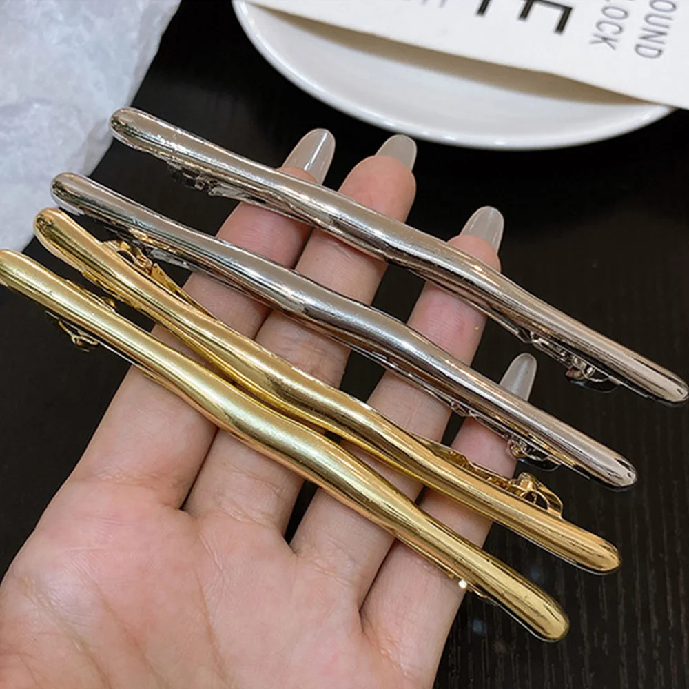 Pasadores largos de tira dorada de Metal Simple para mujer, horquillas Vintage, Clip de resorte liso automático INS, 11cm