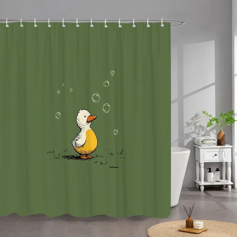 Cute Cartoon Duck Shower Curtain, Green Background with Bubbles, Kids Bathroom Decor, Waterproof Polyester Fabric Screen
