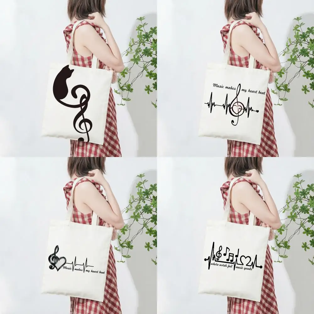 Art Symbol Music Note Heartbeat Storage Bags Lightweight Printed Canvas Bag Portable Daily Shopping Shoulder Bag