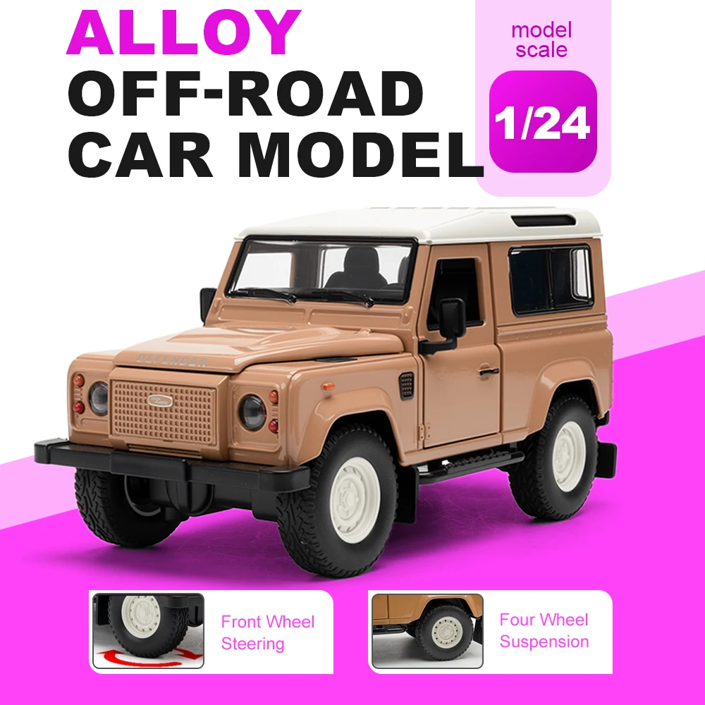 

1:24 Land Rover Defender Off-road Car Model Toys Metal Diecast Doors Opened Shock Absorption Front Wheel Steering Toy Ornaments