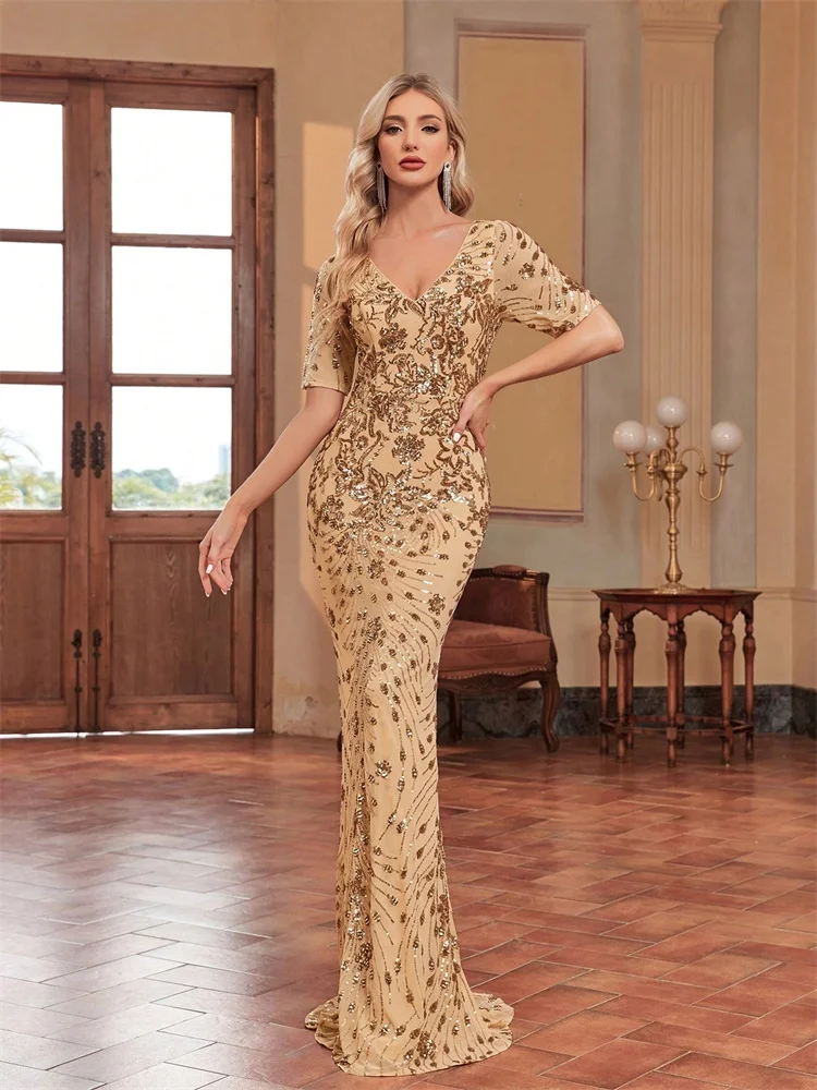 

XUIBOL Luxury V-neck Short sleeves Sequins Formal Evening Dress For Women 2024 Mermaid Elegant Party Mermaid Cocktail Prom Gown