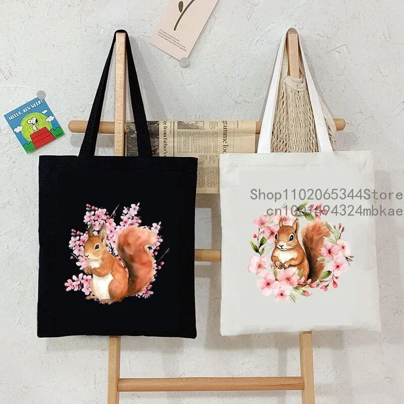 Cute Cherry Blossom Squirrel Print Women Men Shoulder Bags Teenager Cartoon Animal Fashion Trend Travel Beach Bag Female Handbag