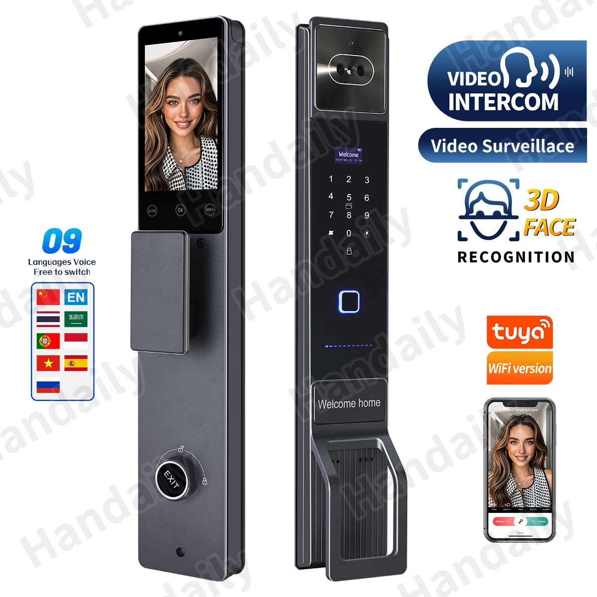 

HanDaily Facial Recognition Video Intercom Door Lock 3D Liveness Detection Fingerprint Remote Unlock Tuya App For Front Door