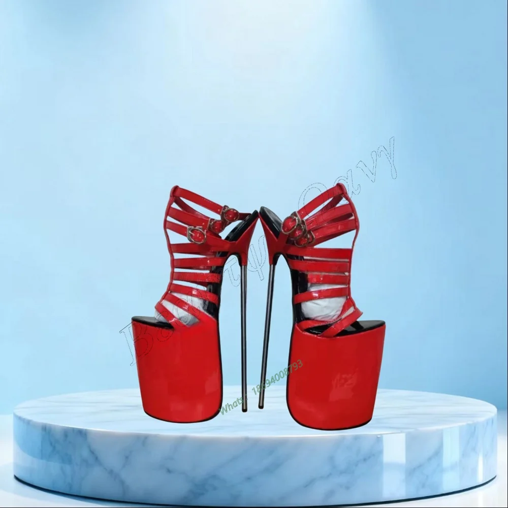 

Red Metal Heel Platform Sandals Narow Band Hollow Thin High Spike High Heel Shoes Sexy Women Shoes New Zapatos Para Mujere