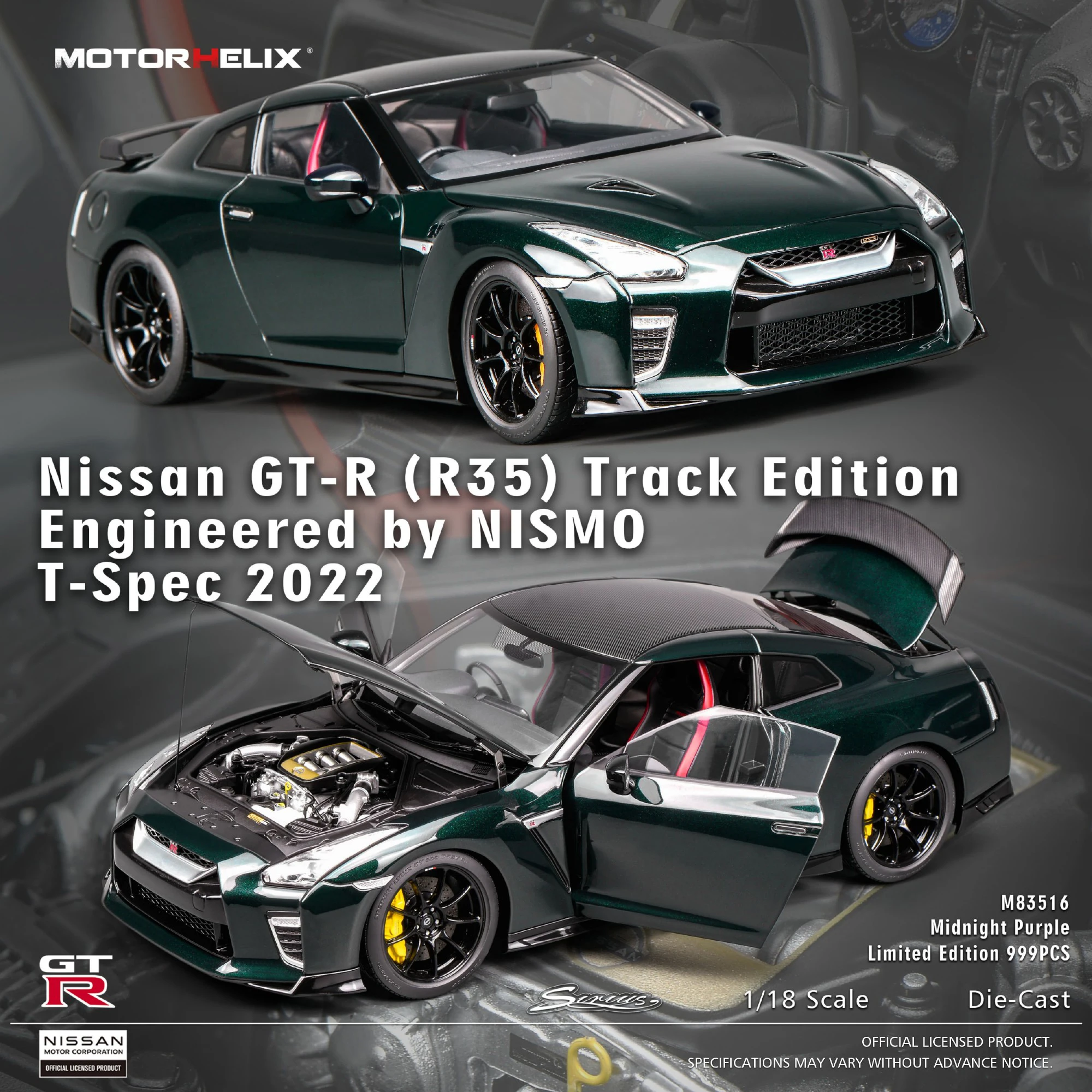 1:18 MOTORHELIX Nissan GT-R R35 Midnight Purple T-Spec 2022 Full Open Diecast Alloy Collectible Model Gift Home Decor