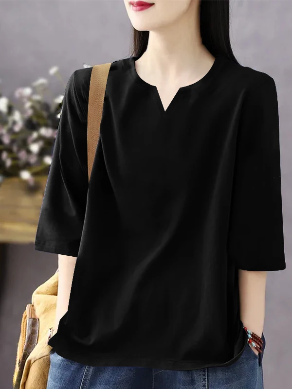 Women's Cotton V-Ne Mid-Sve T-irt Loose Fit Summer New Sle plus Size Slimming Belly Cover Versatile Casual Top