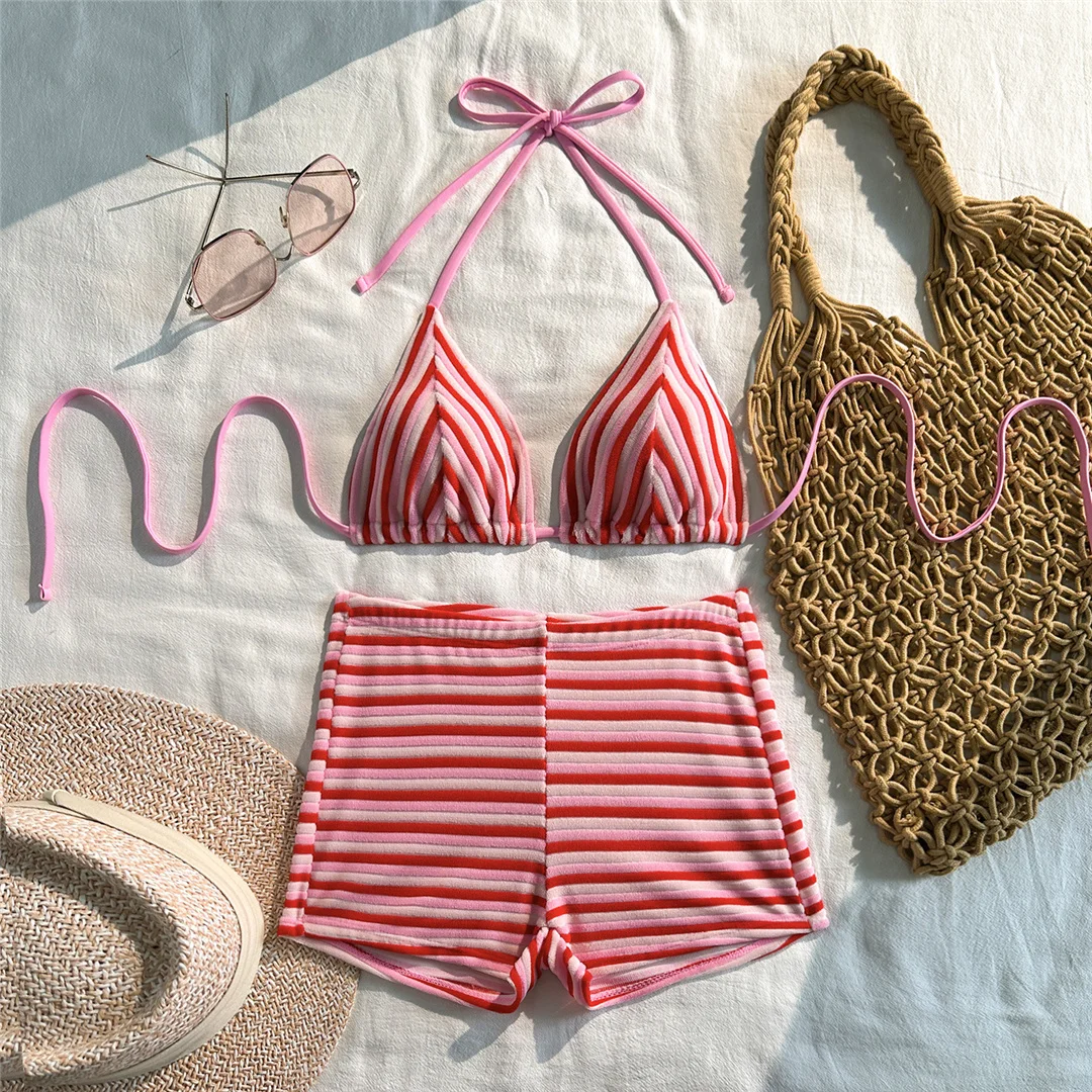 Neuer gestreifter Neckholder-Bikini mit hoher Taille, Damen-Badeanzug, zweiteiliges Bikini-Set mit Shorts, Badebekleidung, Badeanzug, Schwimmanzug V7825 – Detail 15