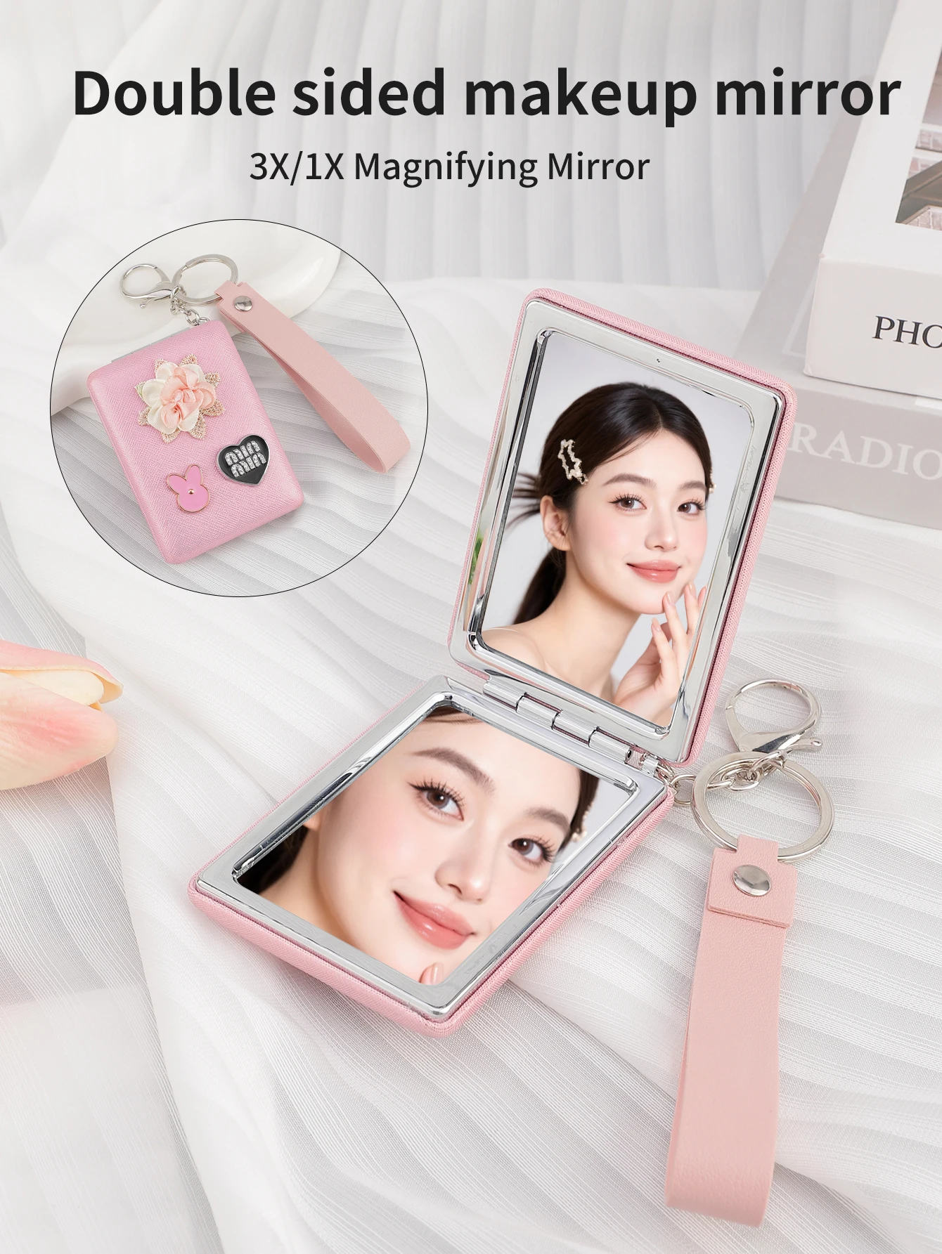 Small Pocket Mirror for Purse, Rectangular Magnifying Foldable Silver Makeup Handheld Compact Mirror for Women, Purse, Travel,