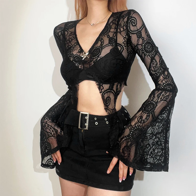 Sexy Perspective Top for Women Heavy Industry Relief Hook Flower Metal Buckle Temperament Lace Slit Top Black Party Bodysuits