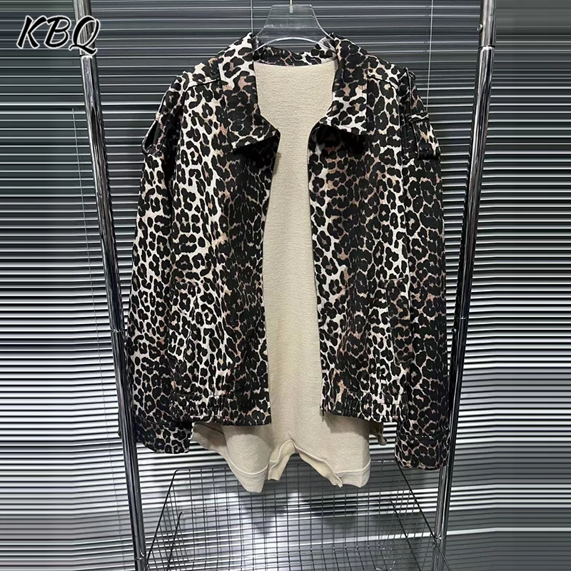 KBQ Colorblock Leopard Printting Chic Coats For Women Lapel Long Sleeve Spliced Zipper Loose Deaigner Jackets Female Fashion New