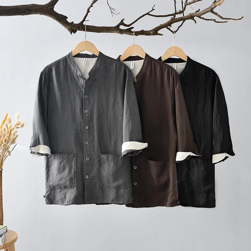 L1008 Good Quality Chinese Style Vintage Cotton Linen Shirts For Men Simple Casual Loose Double Pockets Stand Collar Male Tops