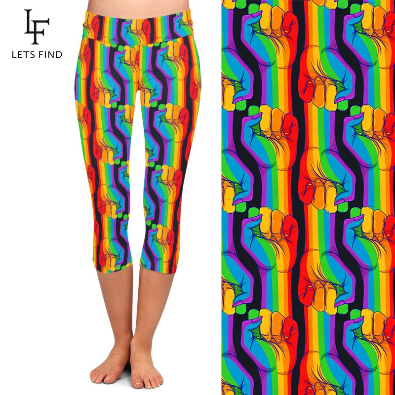 LETSFIND แฟชั่นผู้หญิงกลางลูกวัว Leggings 220gsm คู่ด้านข้างแปรงนมผ้าไหมพิมพ์ Capri กางเกงขายาวเอวสูง