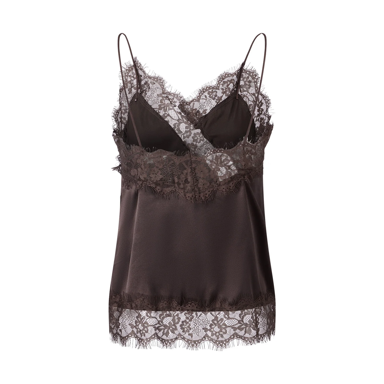 เสื้อครอปท็อปสไตล์ Y2K แฟชั่นผู้หญิง เสื้อกล้ามลูกไม้สีดำ แต่งขอบไม่สมมาตร แขนกุด เปิดหลัง แฟชั่นสำหรับออกงาน