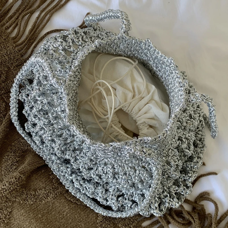 Summer Fashion Gold Wire Hollow Out Shoulder Bag Handmade Woven Crochet Knitting Shopper Tote Hobos Vacation Beach Bag 2026